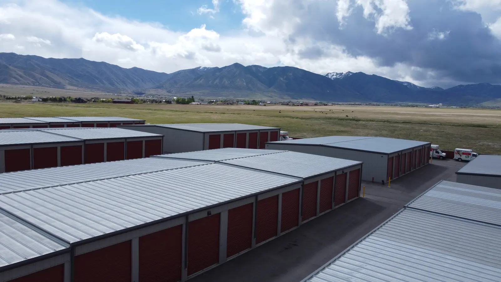 Metal self-storage facility aerial across the Tooele Valley, Erda Utah
