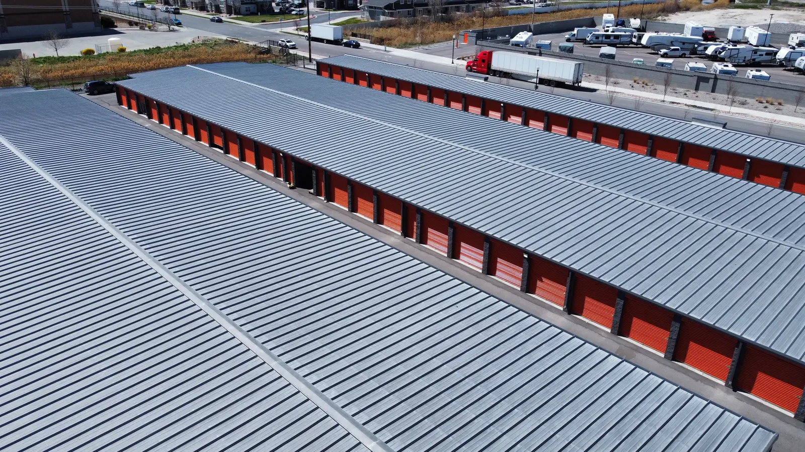 Aerial of a large multi-building self-storage facility in the Salt Lake Valley