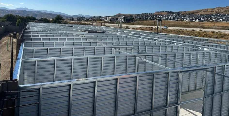 Steel floor framing under construction at Timp Hwy Self Storage, a multi-story self-storage build in Lehi, Utah